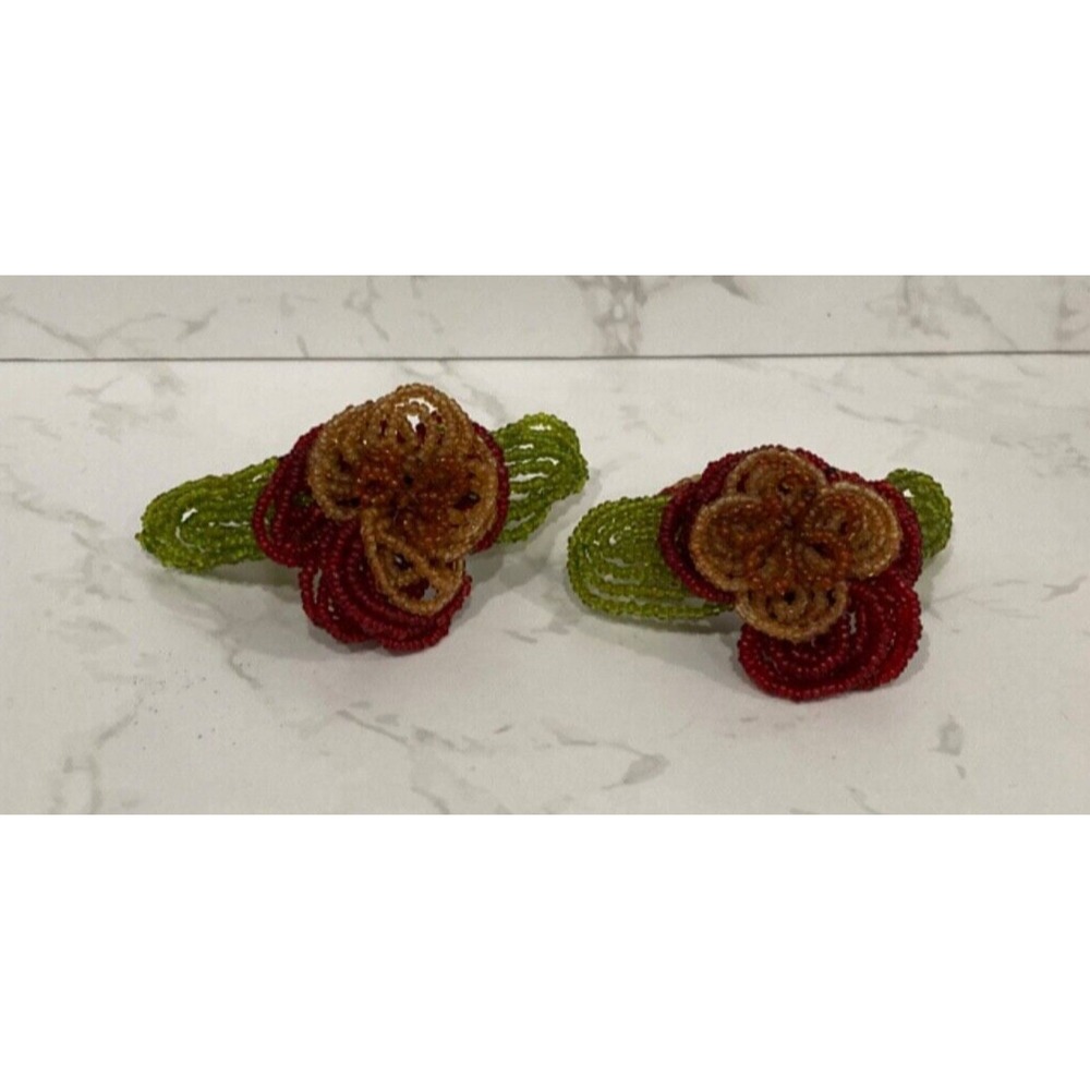 Vintage Beaded Floral Napkin Rings Fall Autumn Bombay Set of 2